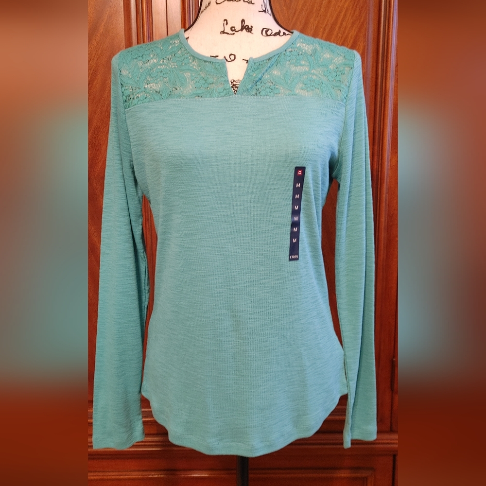 Chaps, NWT, size M, Turquoise knit top with lace insert.